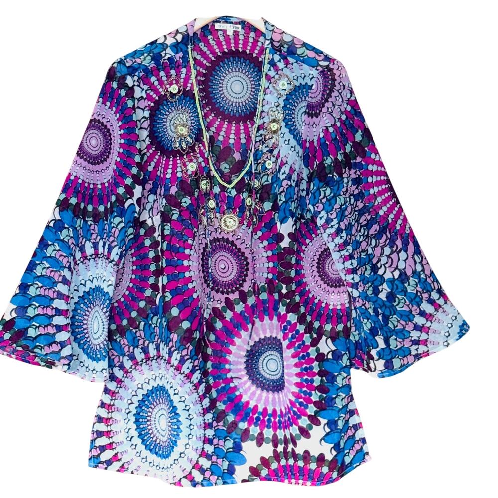 Truly 4 You Beaded Sheer Swim Cover Up Size 2X Bell Sleeve Flawed